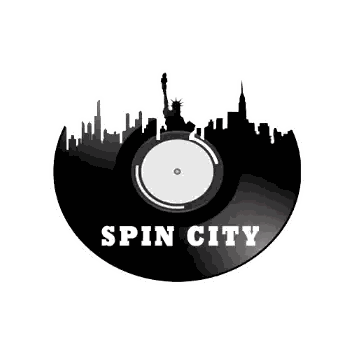 a spin city logo with a record and statue of liberty in the background