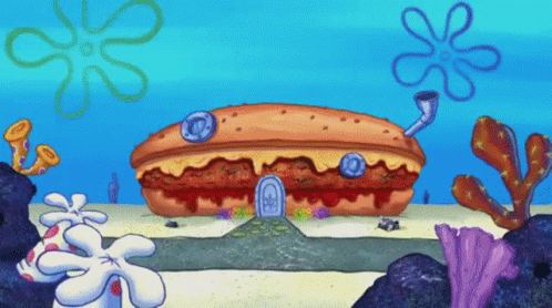 A Spongebob Cartoon Scene With A Large Hamburger House GIF