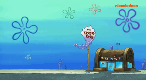 A Spongebob Cartoon With A Sign That Says The Krusty Krab GIF