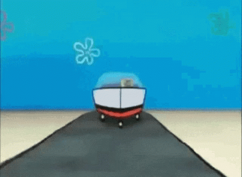 A Spongebob Squarepants Car Is Driving Down A Road In The Ocean . GIF