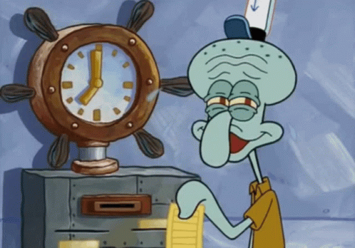 A Squidward From Spongebob Squarepants Is Standing Next To A Clock GIF