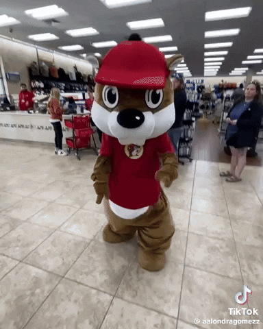 A Squirrel Mascot Is Standing In A Store With A Red Hat On GIF