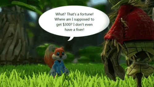 A Squirrel Talking To A Scarecrow With A Speech Bubble Saying What That 'S A Fortune GIF