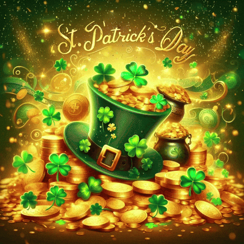 A St. Patrick 'S Day Greeting Card With A Leprechaun 'S Hat Filled With Gold Coins GIF