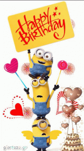 A Stack Of Minions Holding Up A Yellow Sign That Says Happy Birthday GIF