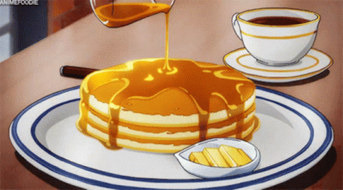 A Stack Of Pancakes On A Plate With Syrup Being Poured On Top GIF