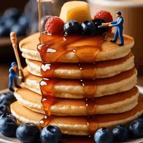 A Stack Of Pancakes With Syrup , Blueberries , Raspberries , And Butter . GIF