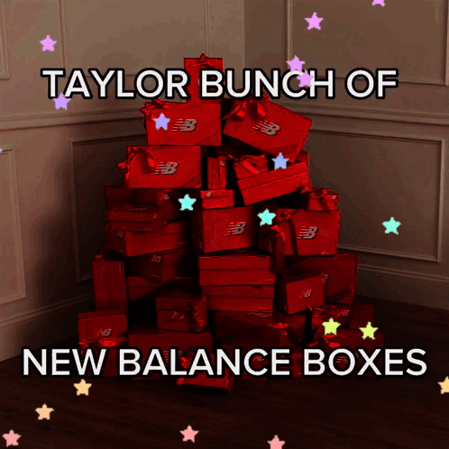 A Stack Of Red Boxes With New Balance On Them GIF