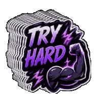 a stack of stickers that say `` try hard '' and have a muscle arm .