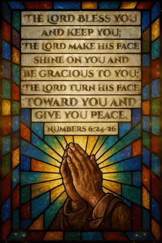 A Stained Glass Painting Of A Man Praying With The Words " The Lord Bless You And Keep You " GIF