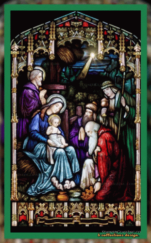 A Stained Glass Painting Of A Nativity Scene With A Green Background GIF