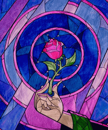 A Stained Glass Painting Of A Woman Holding A Rose GIF