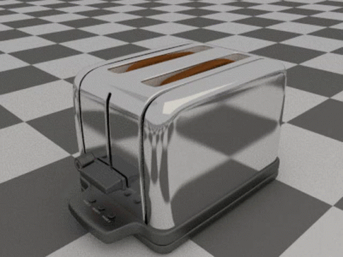 A Stainless Steel Toaster Is Sitting On A Checkered Floor GIF