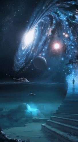 A Staircase Leading Up To A Galaxy With A Planet In The Background GIF