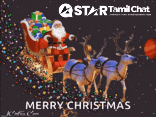a star tamil chat christmas card with santa in a sleigh pulled by two reindeer
