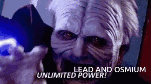 A Star Wars Character Is Holding A Blue Light And Says Lead And Osmium Unlimited Power . GIF