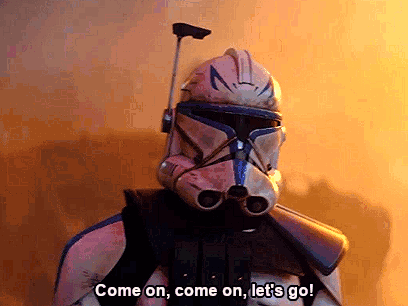 A Star Wars Clone Trooper Says " Come On Come On Let 'S Go " GIF