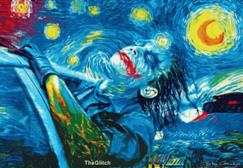 A Starry Night Painting Of The Joker With The Glitch Written Below It GIF