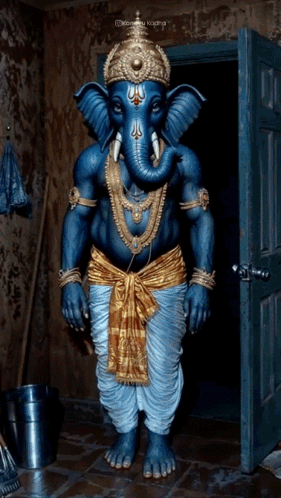 a statue of a blue and gold elephant standing in a doorway