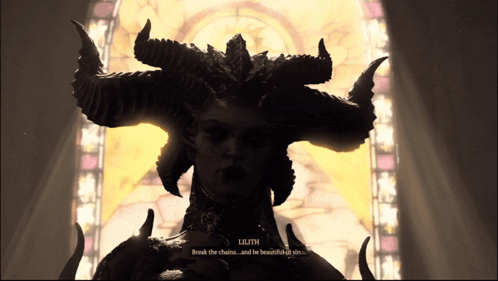 A Statue Of A Demon With Lilith Written In The Bottom Right Corner GIF