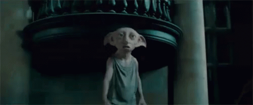 A Statue Of A Dobby From Harry Potter Is Standing In A Dark Room Holding A Cat . GIF