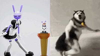 A Statue Of A Husky Standing Next To A Maid Figurine GIF