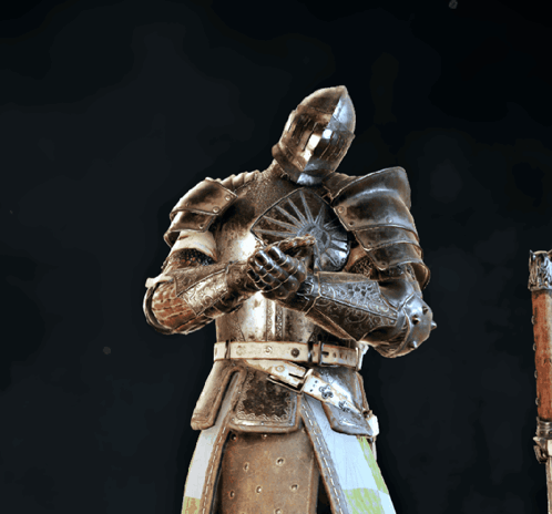 A Statue Of A Knight With A Fan And A Sword GIF