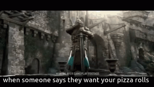A Statue Of A Knight With A Sword Is Standing In Front Of A Brick Wall . GIF