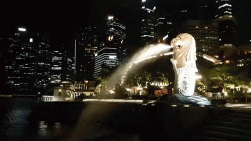 A Statue Of A Lion Is Spraying Water At Night In Front Of A City Skyline GIF