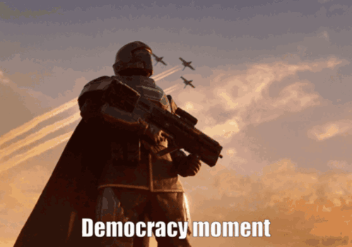 A Statue Of A Man Holding A Gun With The Words " Democracy Moment " Above Him GIF