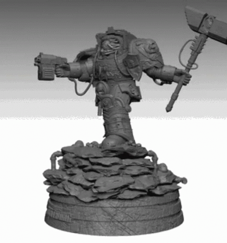 A Statue Of A Man Holding A Hammer And A Gun Is On A Rocky Base GIF