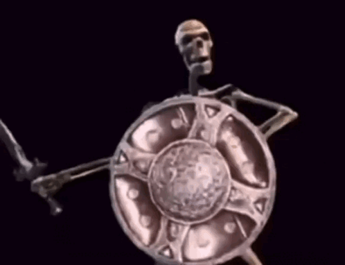 A Statue Of A Man Holding A Shield With A Black Background . GIF