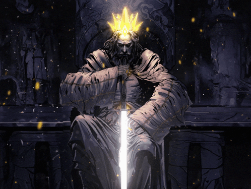 A Statue Of A Man Holding A Sword And A Crown On His Head GIF