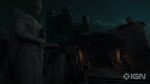 A Statue Of A Man Holding A Sword In Front Of A Castle With Ign On The Bottom GIF