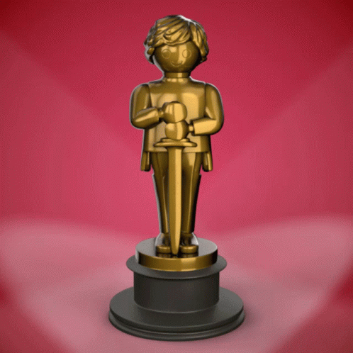 A Statue Of A Man Holding A Sword With The Word Playmobil Written On It GIF