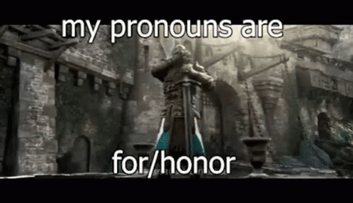 A Statue Of A Man Holding A Sword With The Words `` My Pronouns Are For / Honor '' On It . GIF