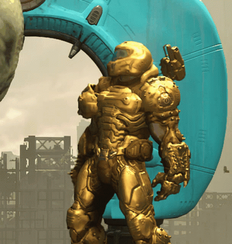 A Statue Of A Man In A Gold Armor With A Helmet That Says ' Doom Eternal ' On It GIF