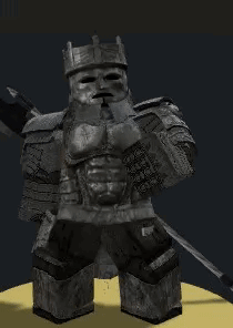 A Statue Of A Man In Armor With A Sword And A Crown . GIF