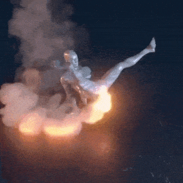 A Statue Of A Man Is Flying Through The Air With Smoke Behind Him GIF