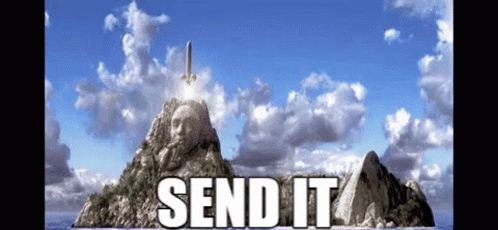 A Statue Of A Man On Top Of A Small Island With The Words Send It Below It GIF
