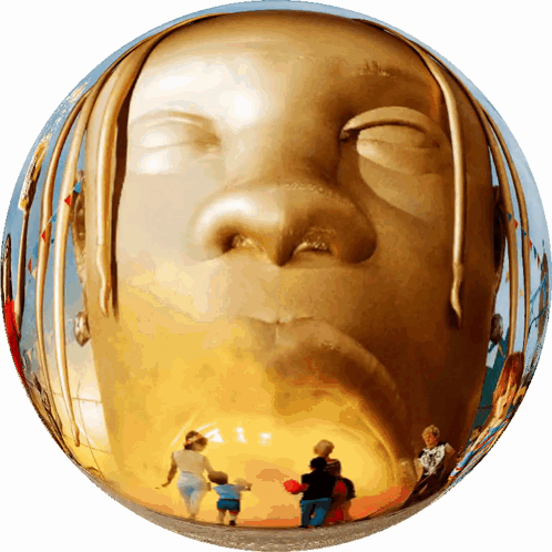 A Statue Of A Man 'S Face Is Reflected In A Gold Sphere GIF