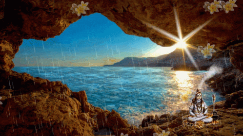A Statue Of A Man Sitting In A Cave Overlooking The Ocean GIF