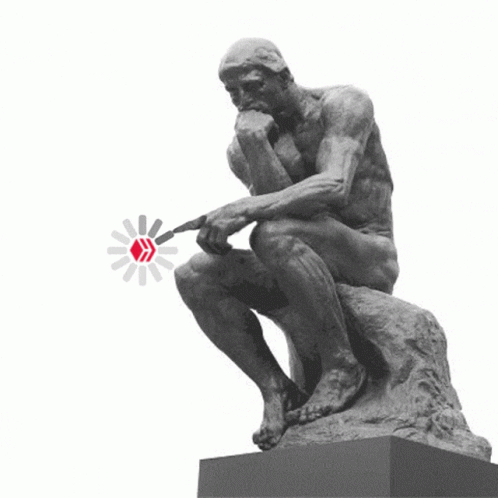 A Statue Of A Man Sitting On A Rock With A Red Arrow Pointing At Him GIF