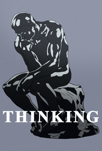 A Statue Of A Man Sitting On A Rock With The Word Thinking Underneath It GIF