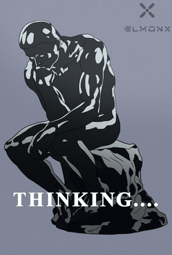 A Statue Of A Man Sitting On A Rock With The Word Thinking Written Below It GIF