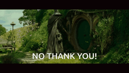 A Statue Of A Man Standing In Front Of A House With The Words " No Thank You " Below It GIF