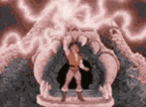A Statue Of A Man Standing In Front Of A Monster GIF