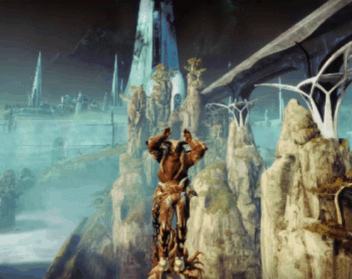 A Statue Of A Man Standing On Top Of A Cliff GIF