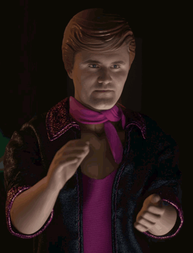 A Statue Of A Man Wearing A Pink Scarf And A Black Jacket GIF