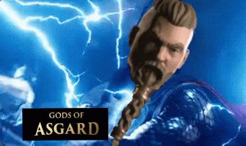 Bearded Man Statue With Gods Of Asgard Text GIF